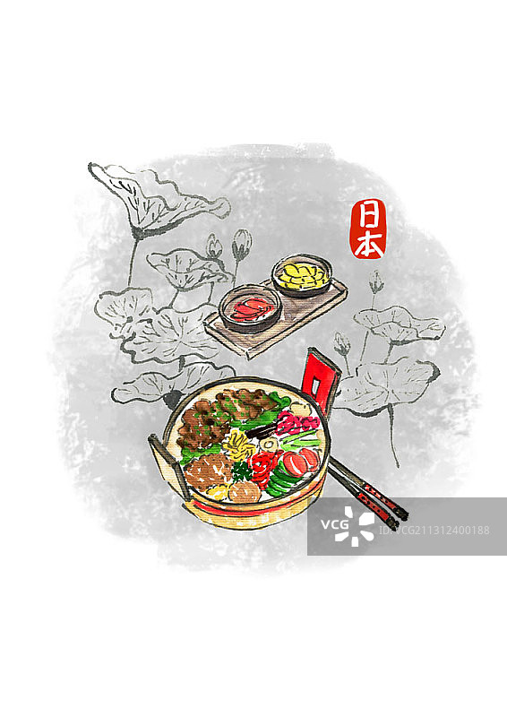 日式炖菜与配菜的水墨画图片素材