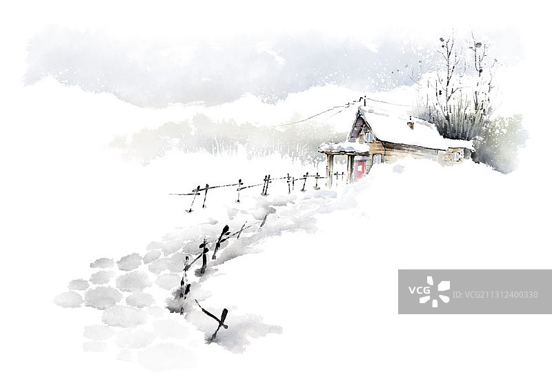冬季山间农舍水墨画图片素材