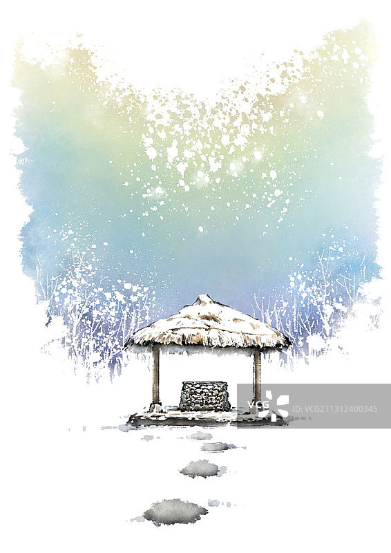 冬季森林茅草屋水井水墨画图片素材