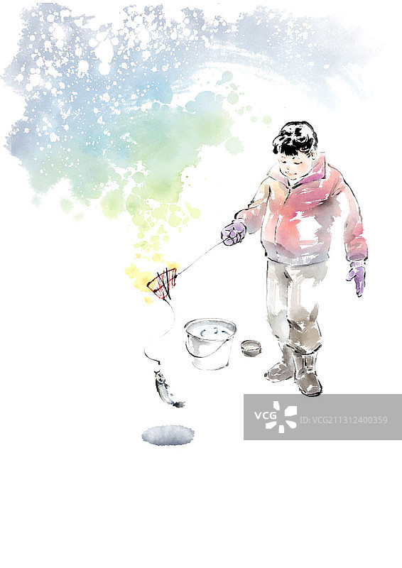 冬季冰钓男孩水墨画图片素材