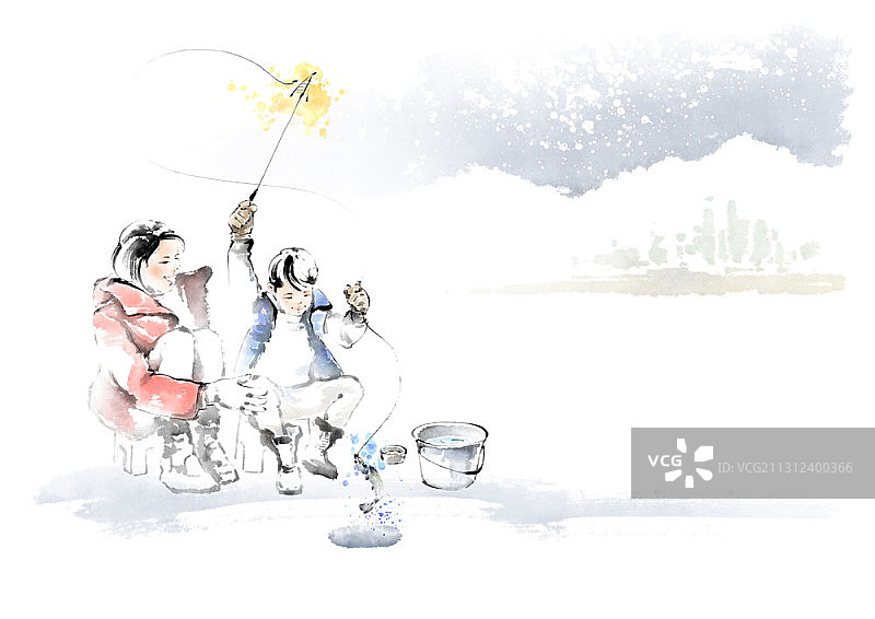 水墨画：冬日里坐在冰上的两个孩子钓鱼图片素材