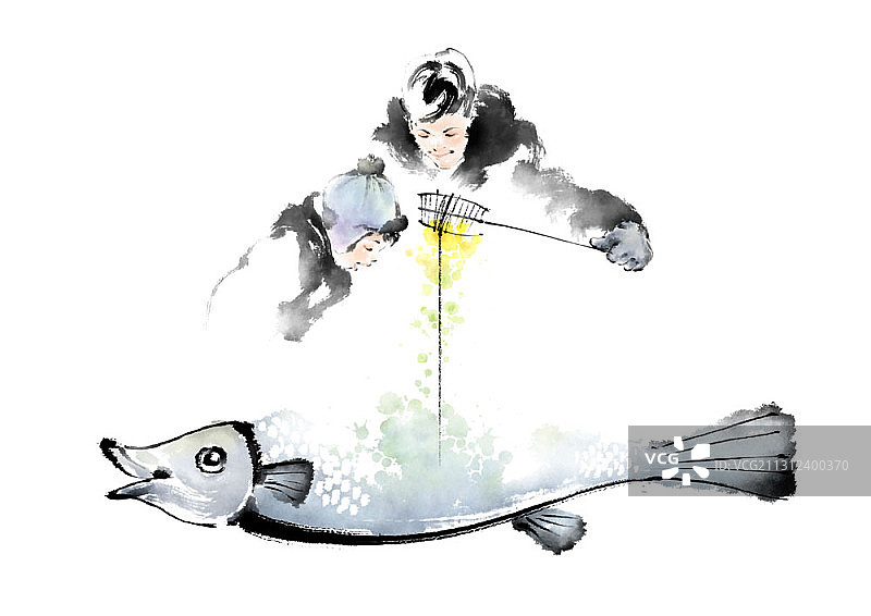 父子在冬天冰上钓鱼和鱼的中国水墨画图片素材