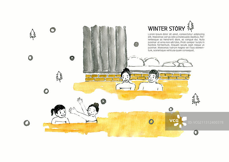 一家人在户外享受冬季温泉的插画图片素材