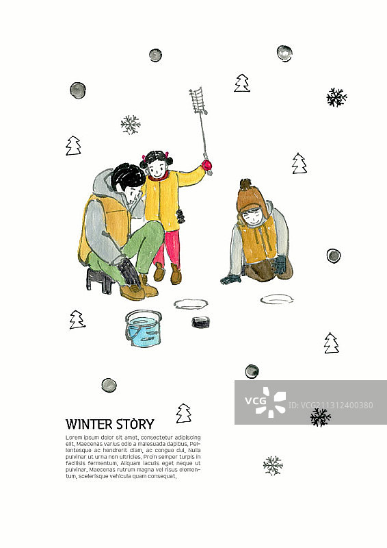 一家人在溜冰场冰钓的插画图片素材