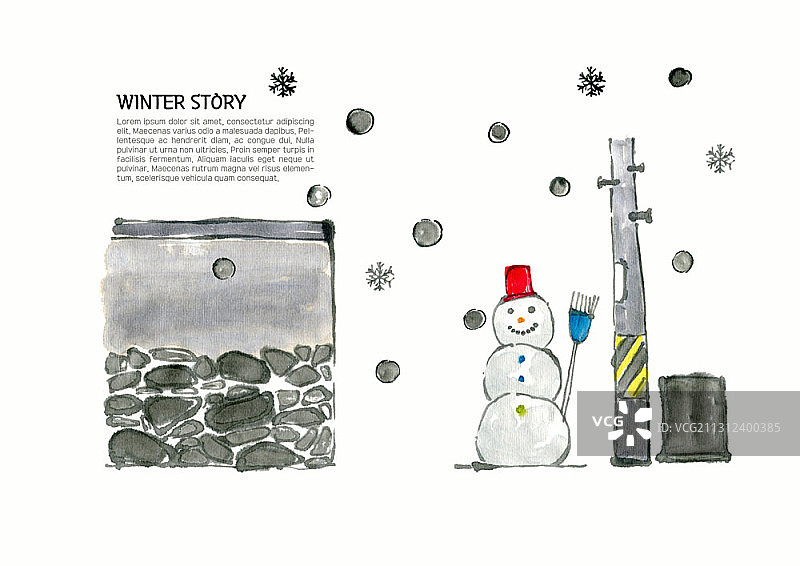 小巷电话杆旁的雪人插画图片素材