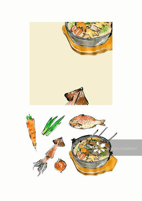 鱼饼汤和食材插画图片素材