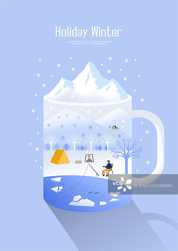 冬季主题插画：男子在溜冰场帐篷和篝火旁钓鱼图片素材