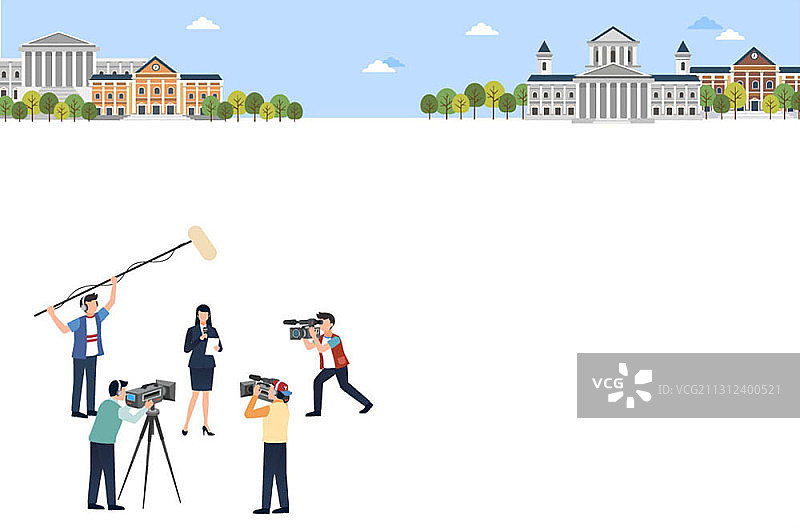 大学建筑和记者采访拍摄人群矢量插画图片素材