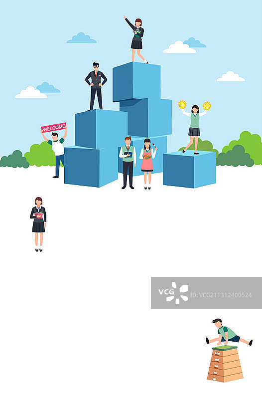 立方体堆叠与享受校园生活的中学生矢量图图片素材