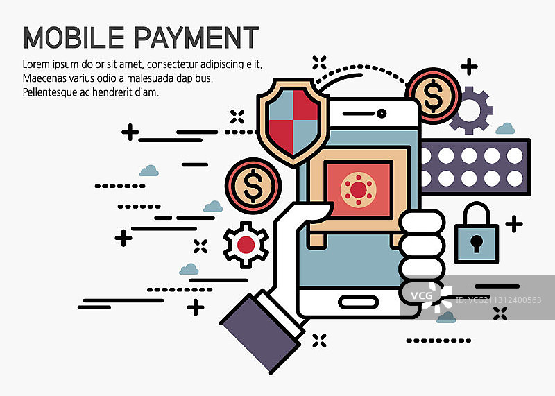 手机支付主题矢量插画：智能手机和安全图标图片素材
