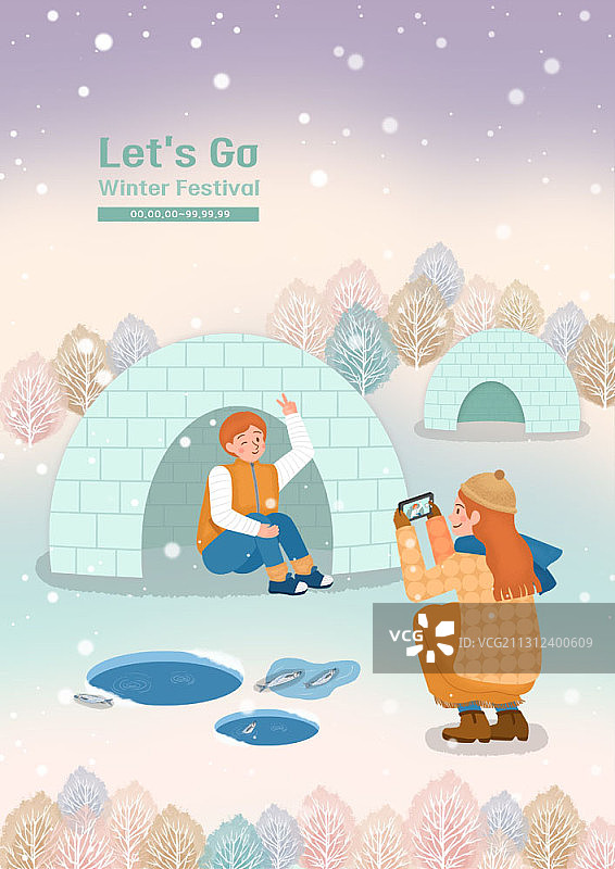 冬季冰屋节上，女子拍摄男子“V”字手势的插画图片素材