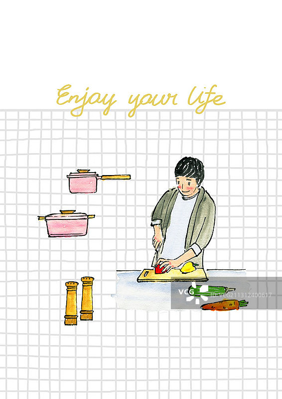 男人在砧板上切甜椒的烹饪生活方式主题插画图片素材