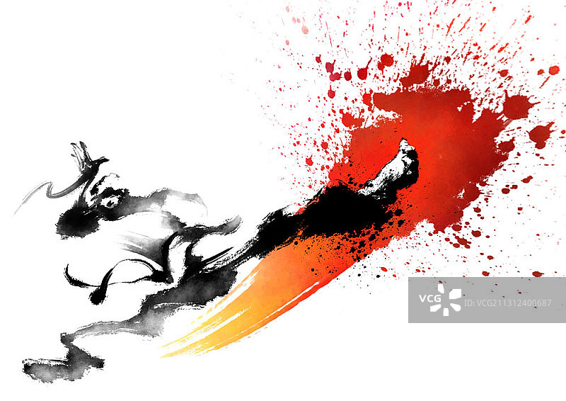 武术家踢腿的水墨画图片素材