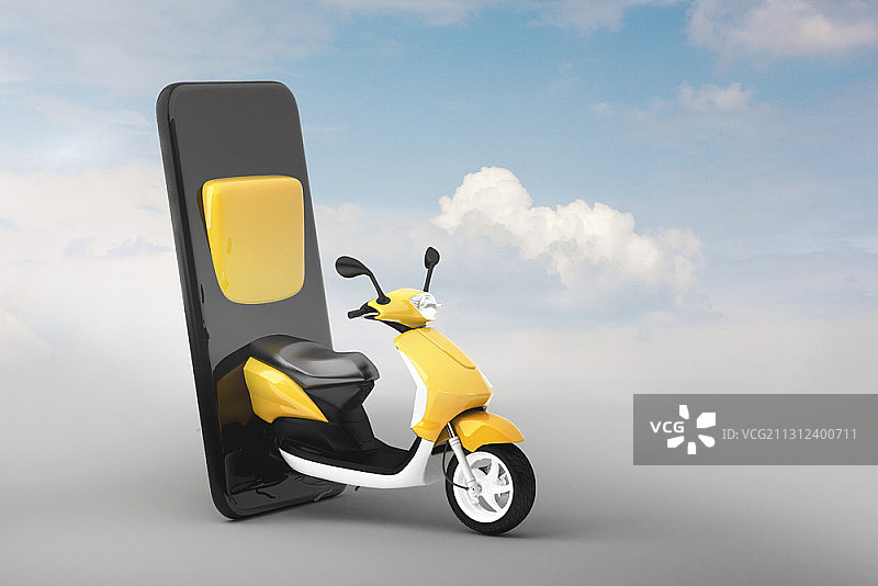 智能手机模型上的摩托车照片，天空背景图片素材