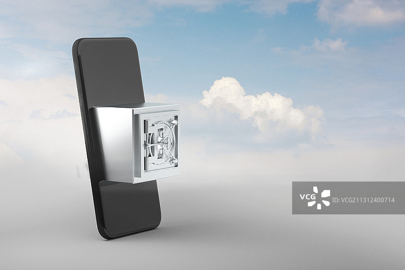 智能手机模型在天空背景下的保险箱的修改图像图片素材
