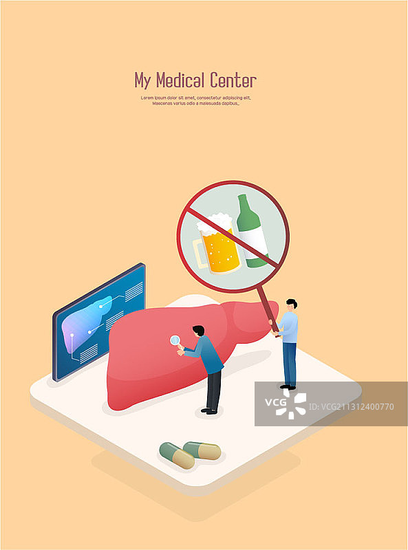 医疗主题矢量插图：两个男人站在带有禁止酒精标志的肝脏模型旁边图片素材