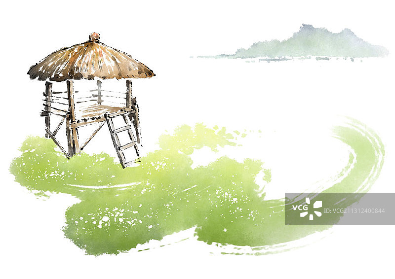 茅草亭台山峰水墨画图片素材