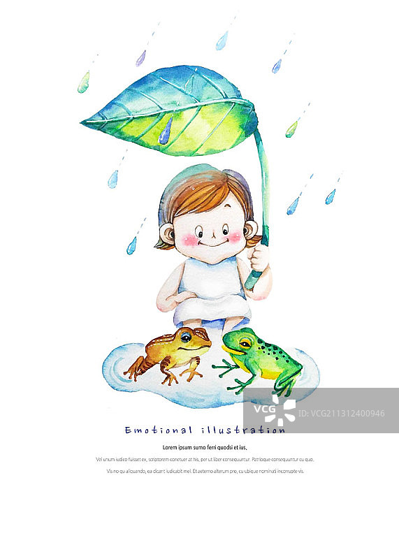 宝宝手 holding 荷叶，看着蟾蜍的情感插画图片素材