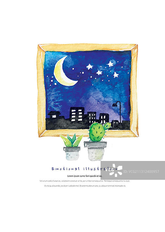 窗外夜空仙人掌盆栽插画图片素材