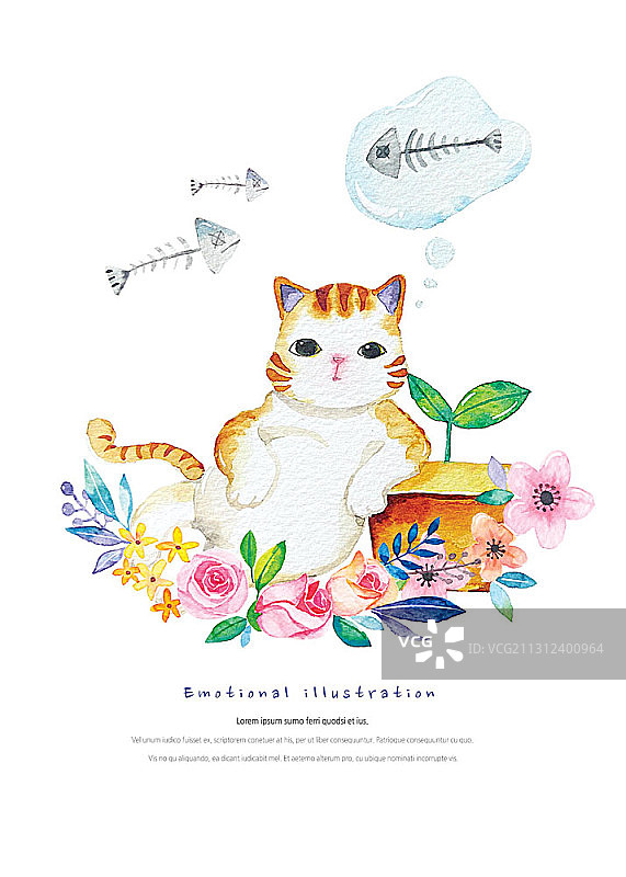 猫咪坐在花盆旁，想着鱼的插画图片素材