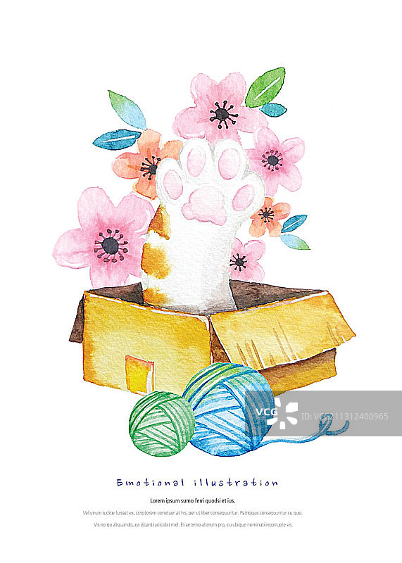 猫爪、毛线球和鲜花插画图片素材