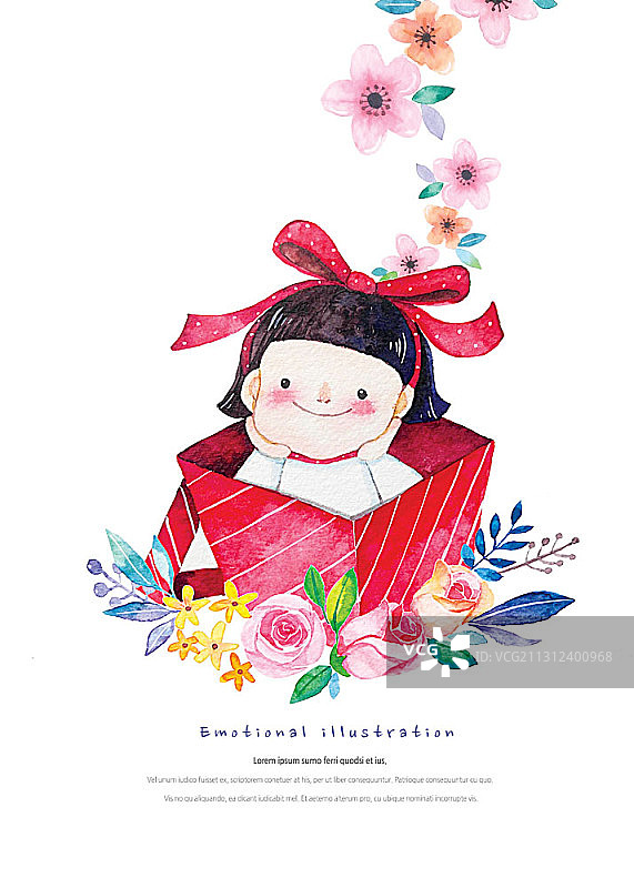 礼品盒内带丝带和鲜花装饰的激动女孩插画图片素材