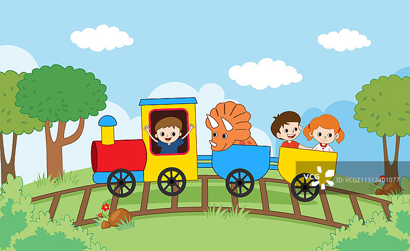 恐龙与儿童乘坐火车在铁轨上行驶矢量插画图片素材