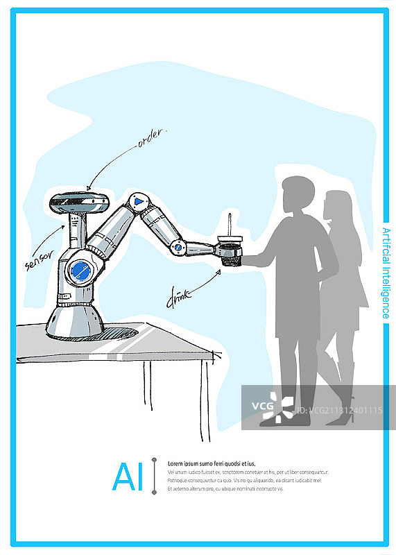 桌子上机器人制造咖啡的AI主题插画图片素材
