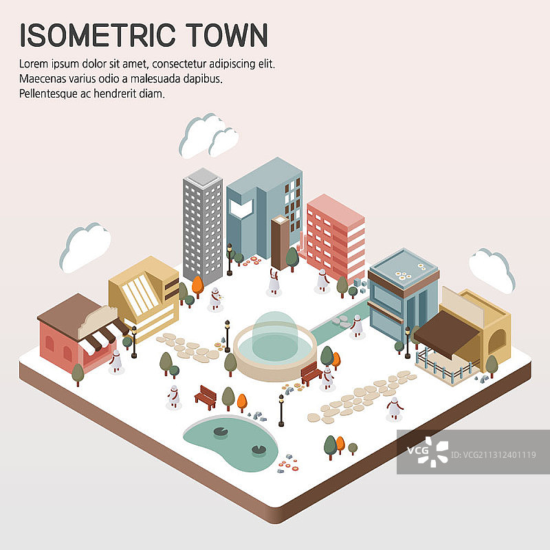 矢量图：2.5D城镇，带喷泉和建筑物图片素材