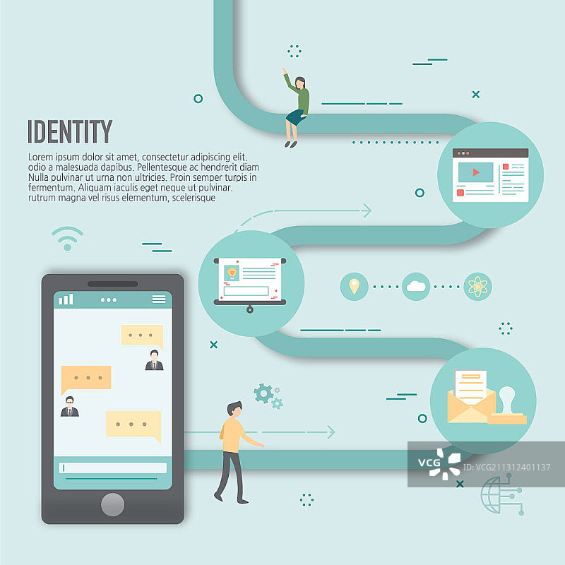 智能手机信使和道路旁两个人的身份主题矢量图图片素材