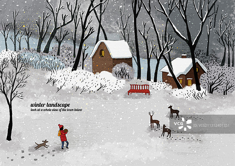 雪地里儿童与小狗、小鹿的插画图片素材