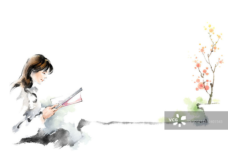 水墨画：女子花旁静坐读书图片素材
