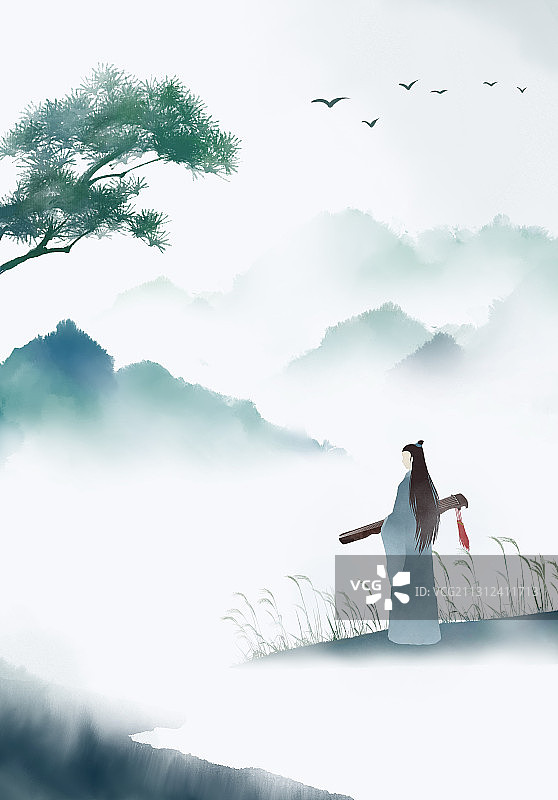 中国风山水画古人抱琴图图片素材