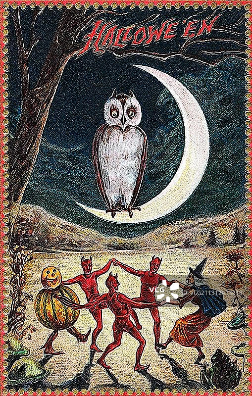 魔鬼、女巫和南瓜人物跳舞，猫头鹰坐在月亮上，万圣节，插图图片素材