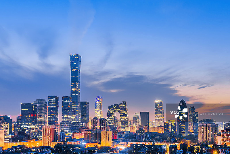中国北京CBD建筑群高视角夜景图片素材