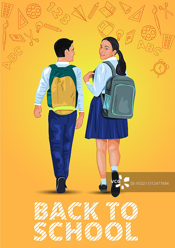 背着书包上学的男孩和女孩图片素材