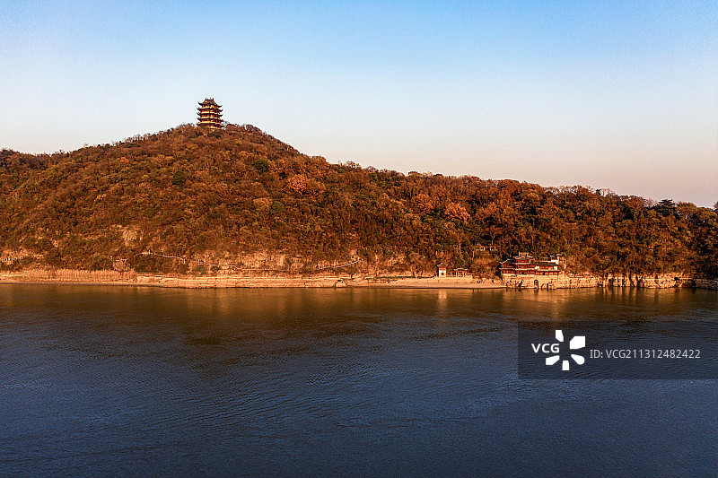 安徽省马鞍山市采石矶风景区三台阁三元洞日落风光图片素材