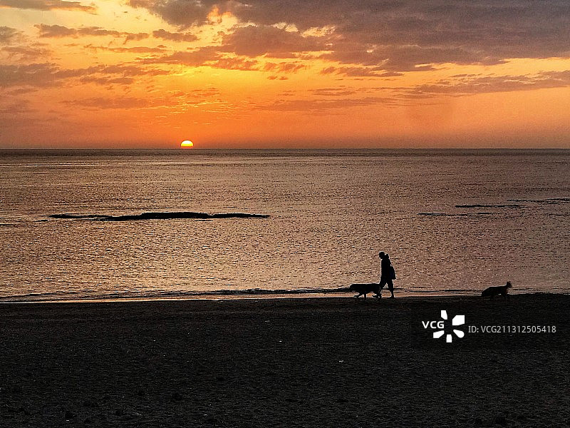 海边夕阳下一人一狗图片素材