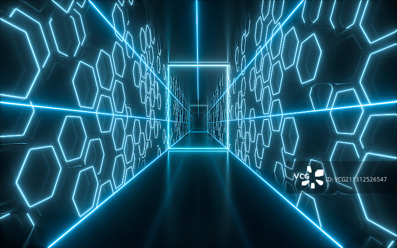 蓝色霓虹六边形隧道 3D渲染图片素材