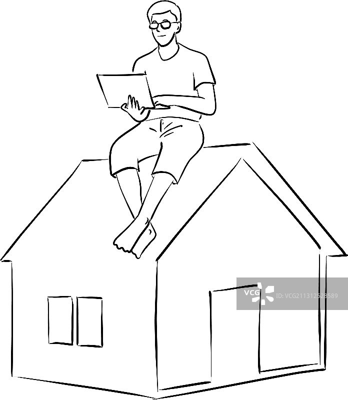 男子在屋顶使用笔记本电脑图片素材