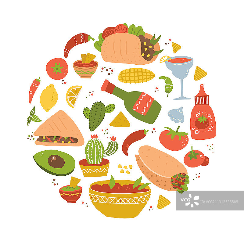 手绘彩色墨西哥食物卡通合集图片素材