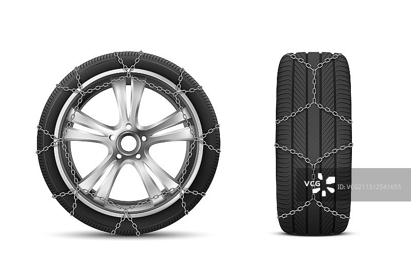 冬季道路用带防滑链的汽车轮胎图片素材