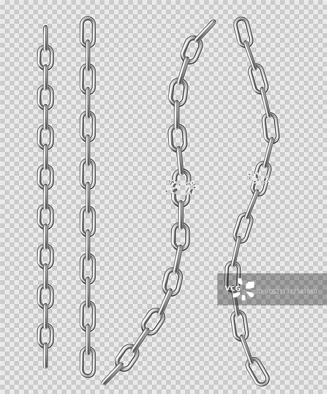 具有完整或断裂钢铬链节的金属链条图片素材