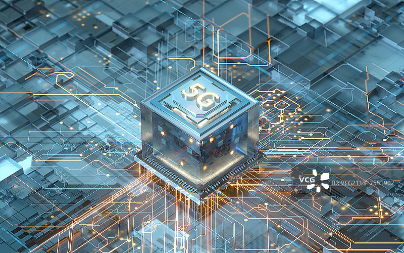5G芯片与科技感电路 3D渲染图片素材