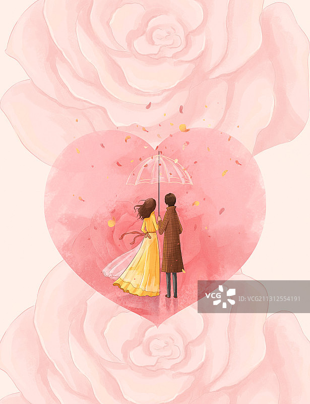 粉色浪漫心形情侣情人节插画竖版图片素材