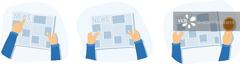 男人阅读报纸展示内容并饮用饮品图片素材