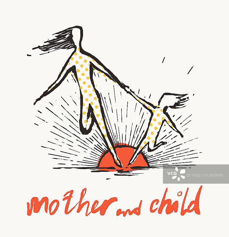 母子奔跑的剪影素描图片素材