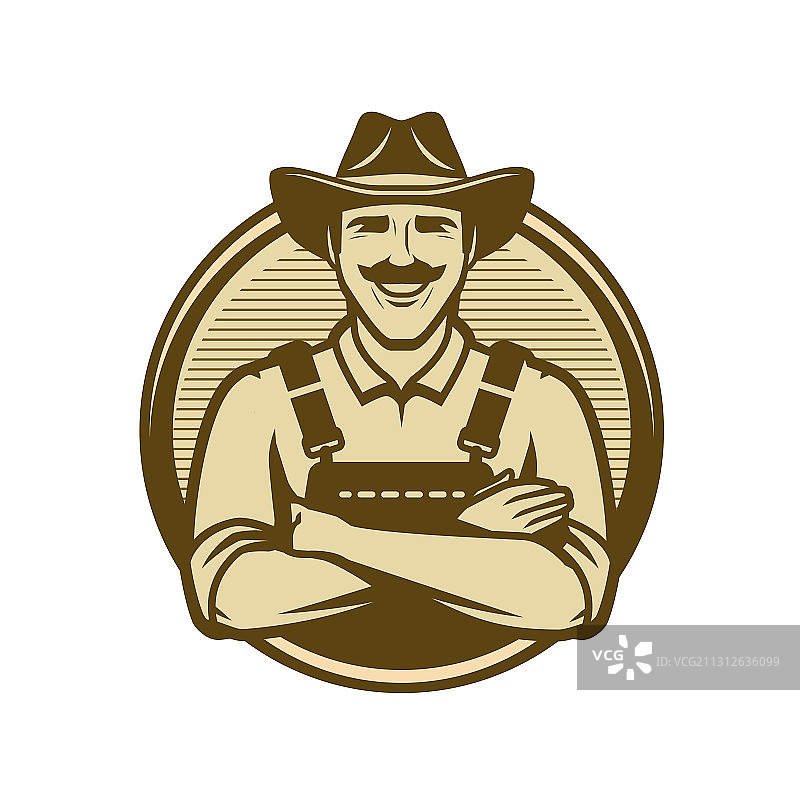 戴帽子的农民复古农场天然食品标志图片素材