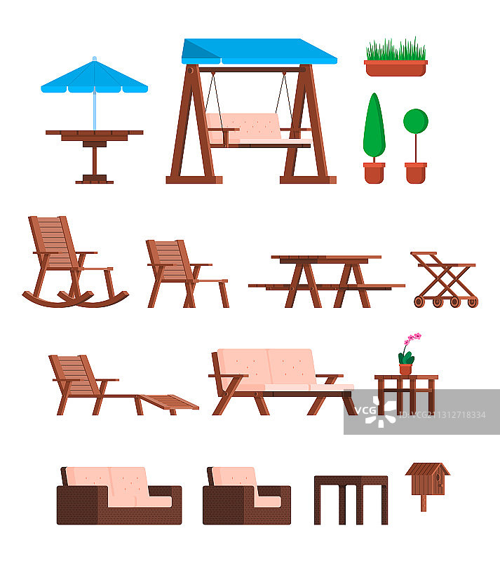 卡通彩色不同花园家具图标合集图片素材