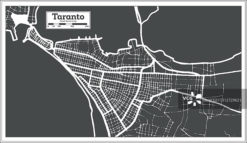黑白色调的意大利塔兰托市地图图片素材